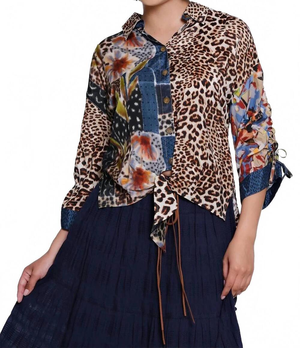 NEW JOHN MARK mix print button down tie front blouse in multi